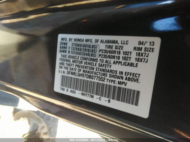 Photo 8 VIN: 5FNRL5H97DB077552 - HONDA ODYSSEY 