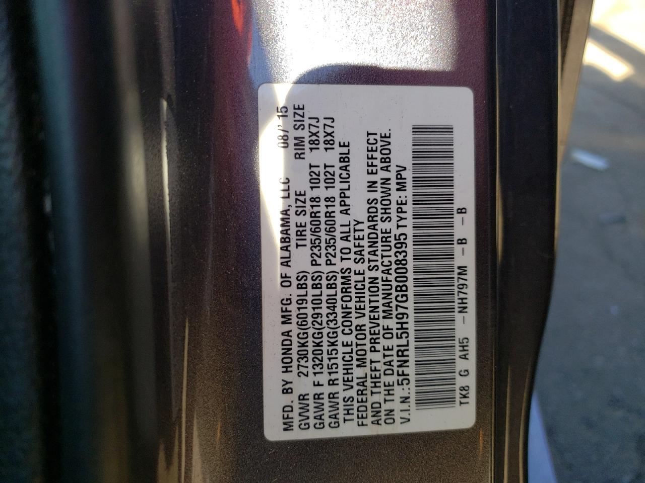 Photo 9 VIN: 5FNRL5H97GB008395 - HONDA ODYSSEY 