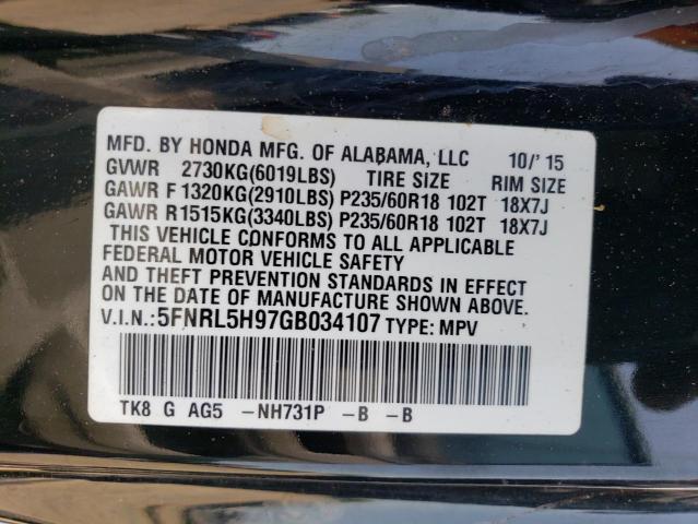 Photo 12 VIN: 5FNRL5H97GB034107 - HONDA ODYSSEY TO 