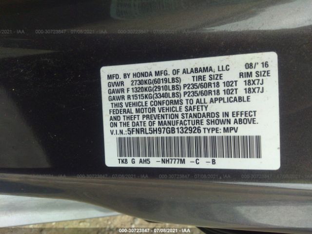 Photo 8 VIN: 5FNRL5H97GB132926 - HONDA ODYSSEY 