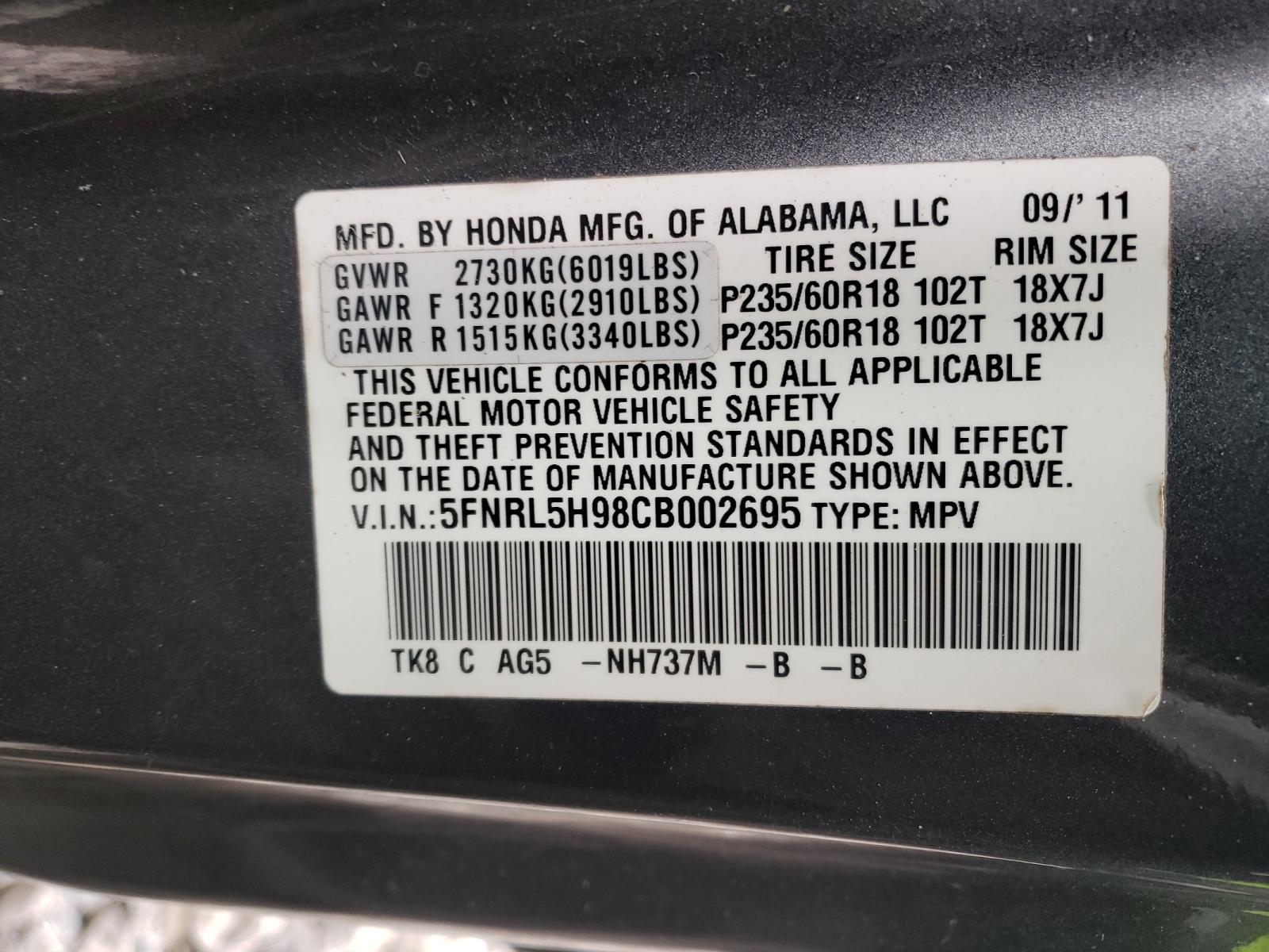 Photo 9 VIN: 5FNRL5H98CB002695 - HONDA ODYSSEY TO 