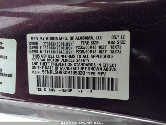 Photo 8 VIN: 5FNRL5H98CB105020 - HONDA ODYSSEY 