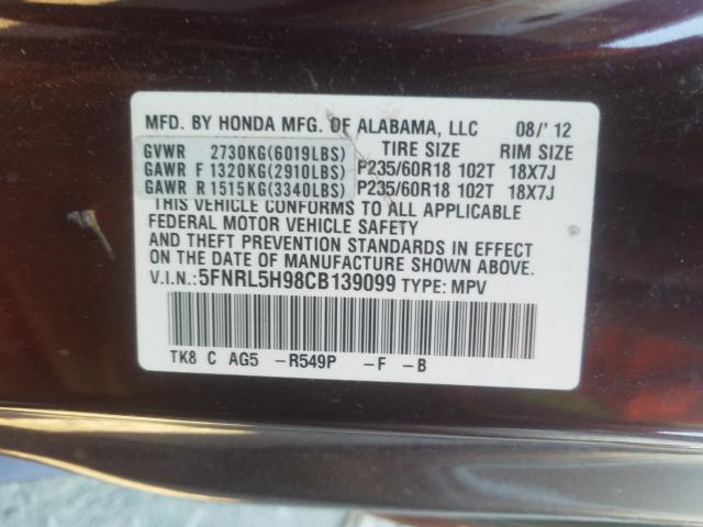 Photo 9 VIN: 5FNRL5H98CB139099 - HONDA ODYSSEY TO 