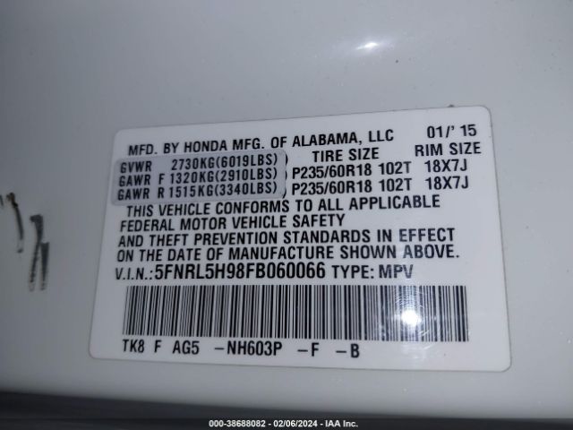 Photo 8 VIN: 5FNRL5H98FB060066 - HONDA ODYSSEY 