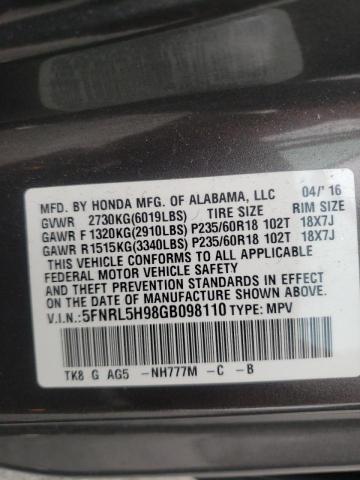 Photo 9 VIN: 5FNRL5H98GB098110 - HONDA ODYSSEY TO 