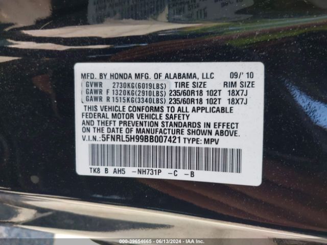 Photo 8 VIN: 5FNRL5H99BB007421 - HONDA ODYSSEY 