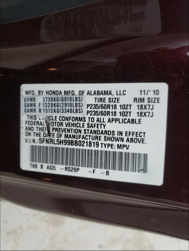 Photo 9 VIN: 5FNRL5H99BB021819 - HONDA ODYSSEY TO 