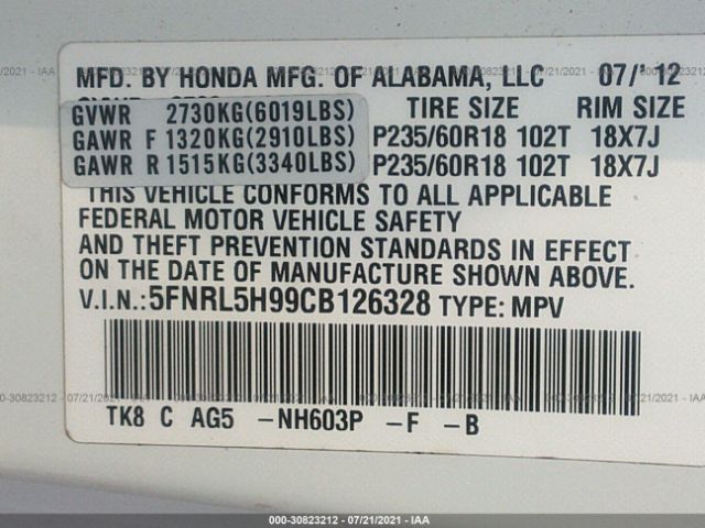 Photo 8 VIN: 5FNRL5H99CB126328 - HONDA ODYSSEY 