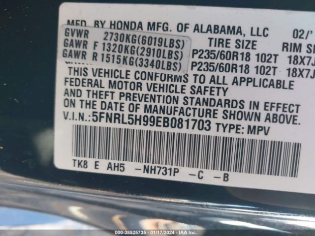 Photo 8 VIN: 5FNRL5H99EB081703 - HONDA ODYSSEY 