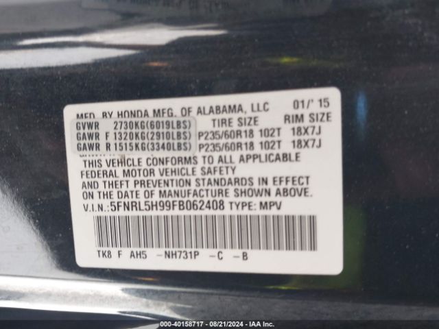 Photo 8 VIN: 5FNRL5H99FB062408 - HONDA ODYSSEY 