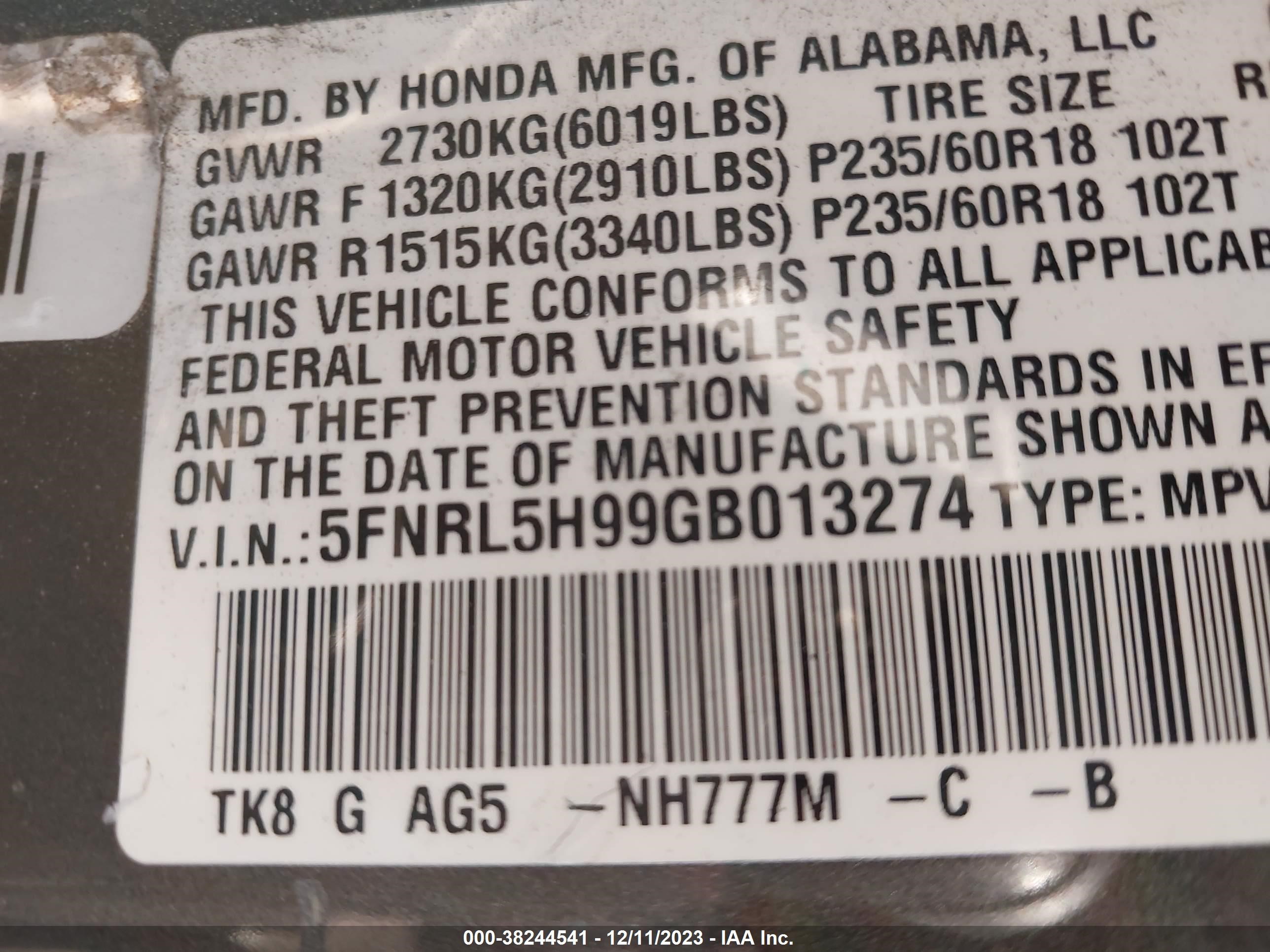 Photo 8 VIN: 5FNRL5H99GB013274 - HONDA ODYSSEY 