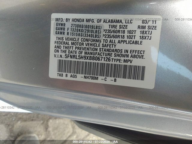 Photo 8 VIN: 5FNRL5H9XBB067126 - HONDA ODYSSEY 