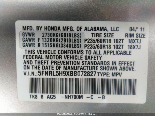 Photo 8 VIN: 5FNRL5H9XBB072827 - HONDA ODYSSEY 