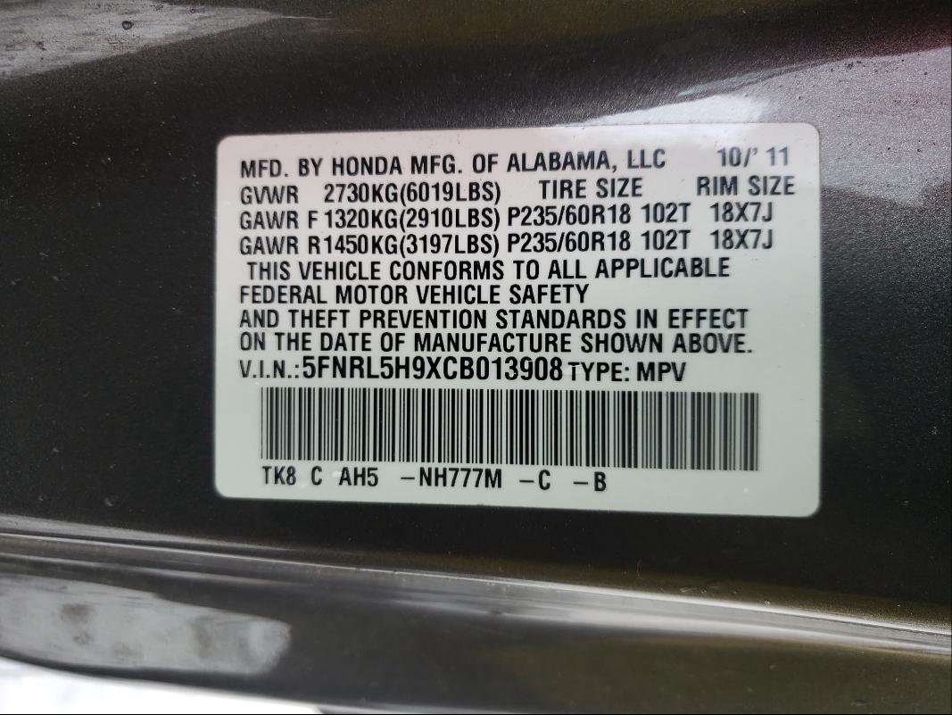 Photo 9 VIN: 5FNRL5H9XCB013908 - HONDA ODYSSEY TO 