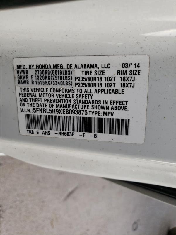 Photo 9 VIN: 5FNRL5H9XEB093875 - HONDA ODYSSEY TO 