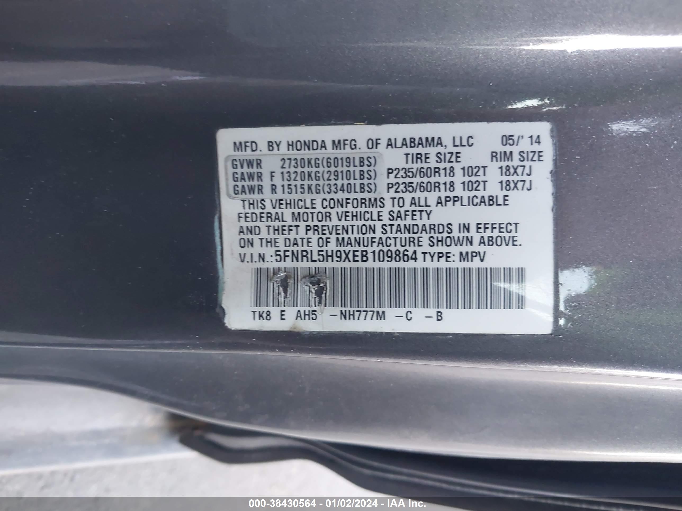 Photo 8 VIN: 5FNRL5H9XEB109864 - HONDA ODYSSEY 