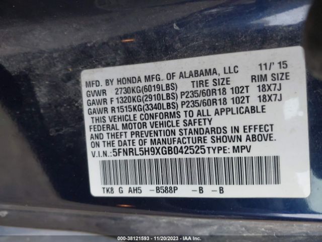 Photo 8 VIN: 5FNRL5H9XGB042525 - HONDA ODYSSEY 