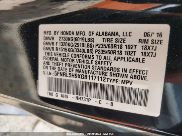 Photo 8 VIN: 5FNRL5H9XGB117112 - HONDA ODYSSEY 