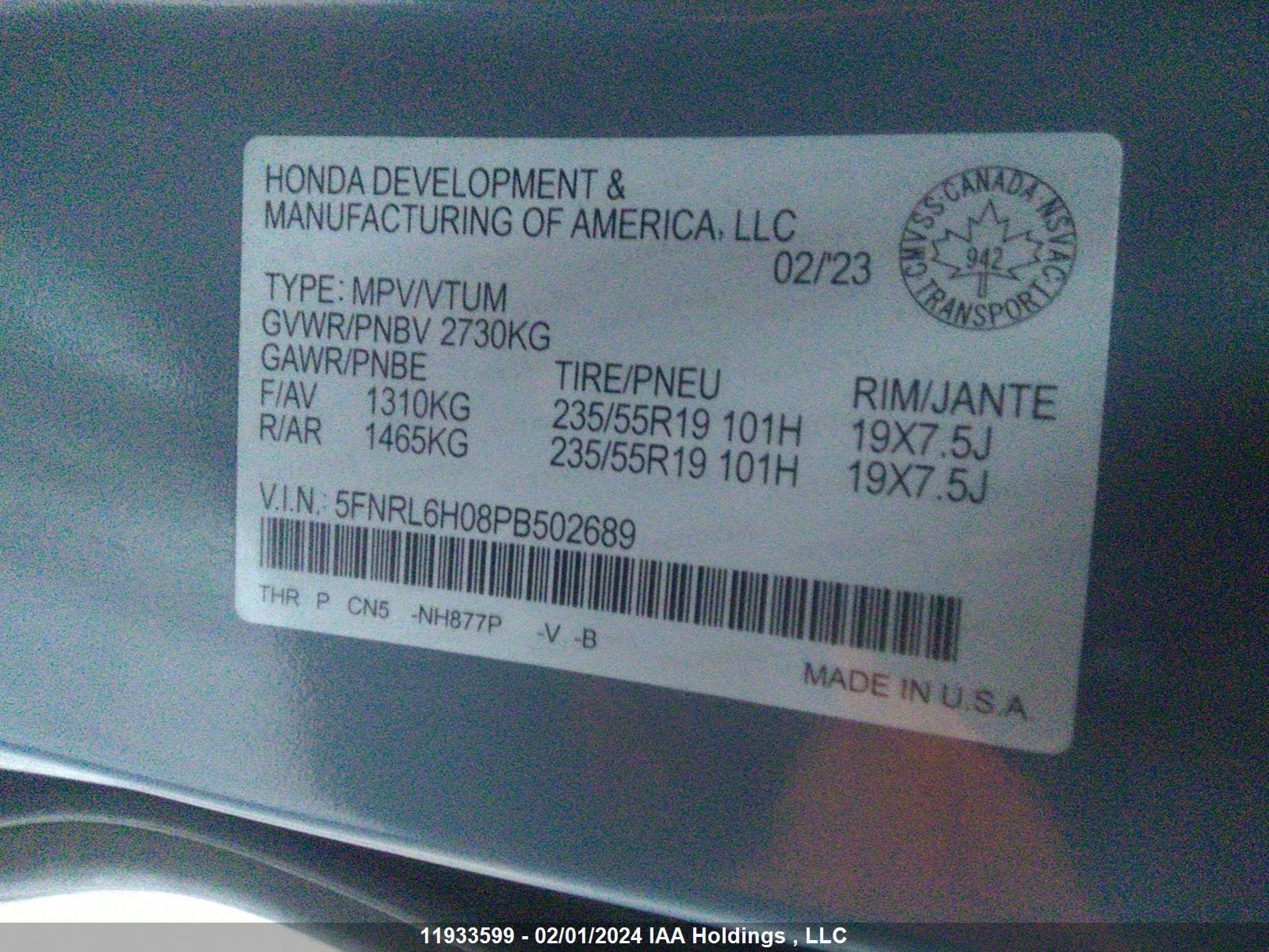 Photo 8 VIN: 5FNRL6H08PB502689 - HONDA ODYSSEY 