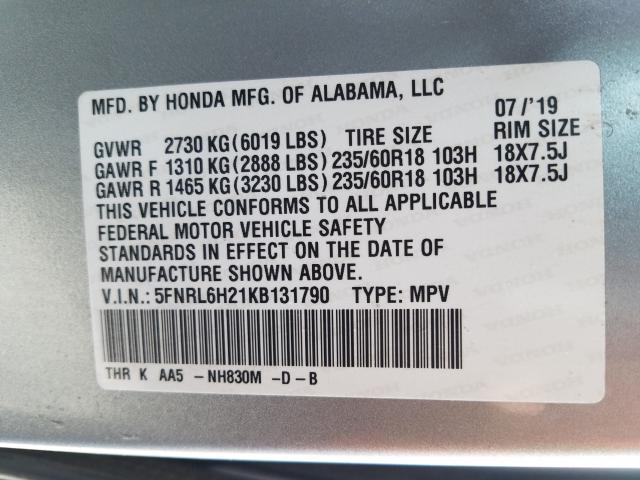 Photo 9 VIN: 5FNRL6H21KB131790 - HONDA ODYSSEY LX 