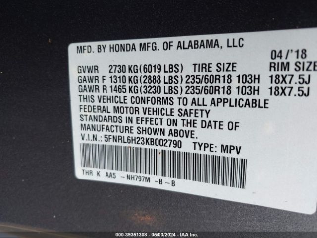 Photo 8 VIN: 5FNRL6H23KB002790 - HONDA ODYSSEY 