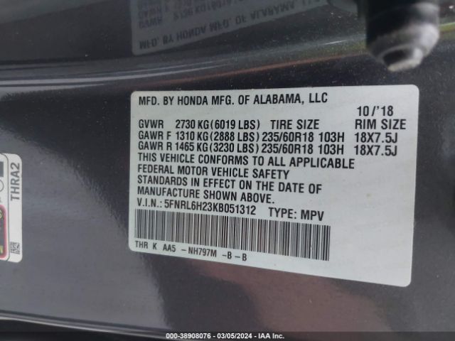 Photo 8 VIN: 5FNRL6H23KB051312 - HONDA ODYSSEY 