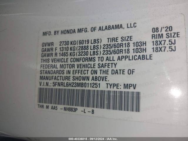 Photo 8 VIN: 5FNRL6H23MB011251 - HONDA ODYSSEY 