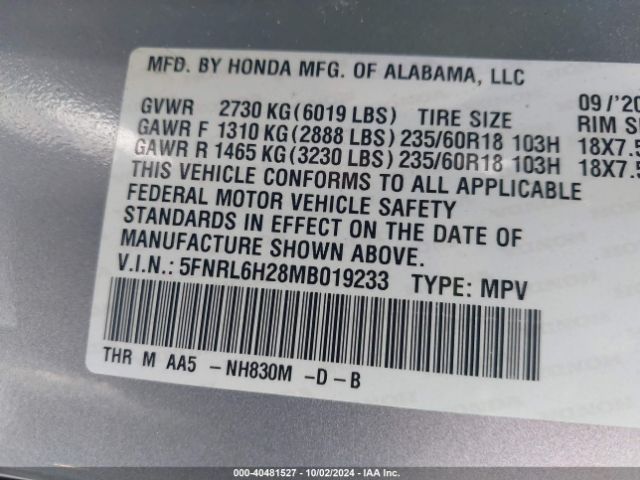 Photo 8 VIN: 5FNRL6H28MB019233 - HONDA ODYSSEY 