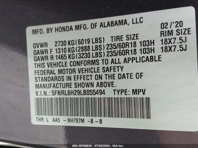 Photo 8 VIN: 5FNRL6H29LB055494 - HONDA ODYSSEY 