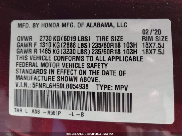 Photo 8 VIN: 5FNRL6H50LB054938 - HONDA ODYSSEY 