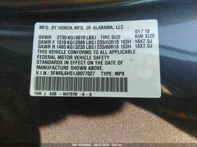 Photo 8 VIN: 5FNRL6H51JB077027 - HONDA ODYSSEY 