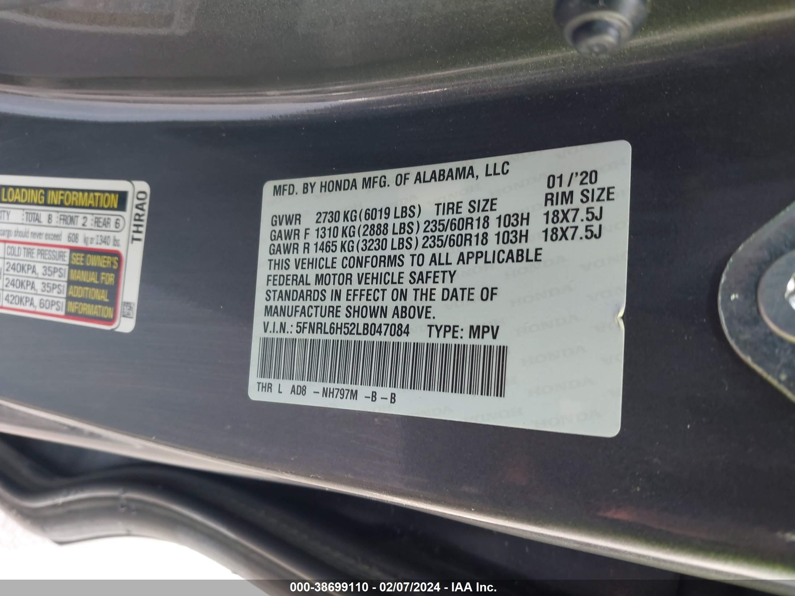 Photo 8 VIN: 5FNRL6H52LB047084 - HONDA ODYSSEY 