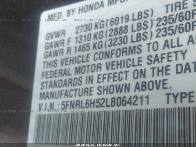 Photo 8 VIN: 5FNRL6H52LB064211 - HONDA ODYSSEY 