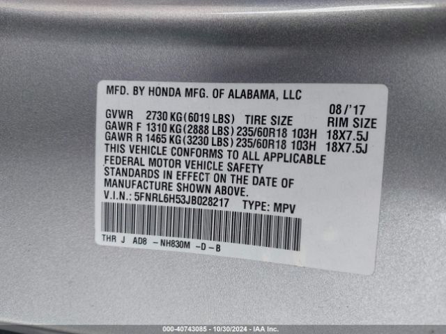 Photo 8 VIN: 5FNRL6H53JB028217 - HONDA ODYSSEY 