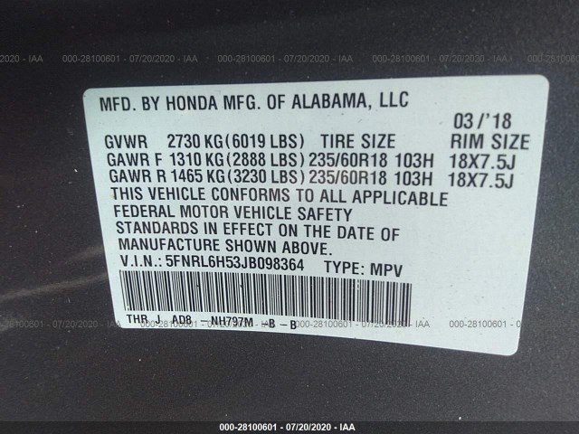 Photo 8 VIN: 5FNRL6H53JB098364 - HONDA ODYSSEY 