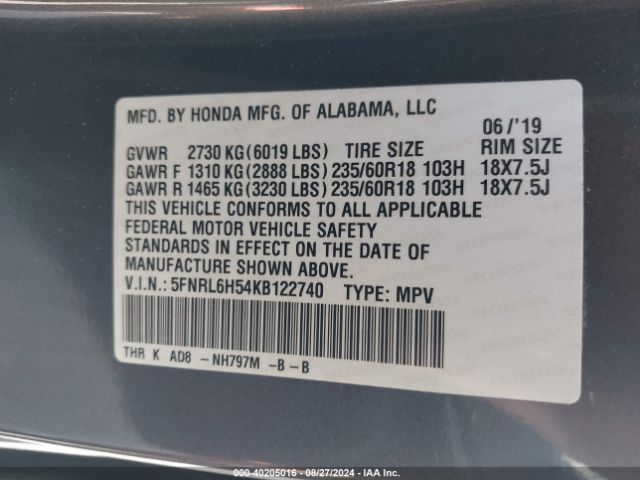 Photo 8 VIN: 5FNRL6H54KB122740 - HONDA ODYSSEY 