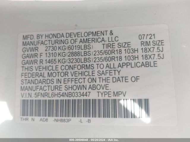 Photo 8 VIN: 5FNRL6H54NB033447 - HONDA ODYSSEY 