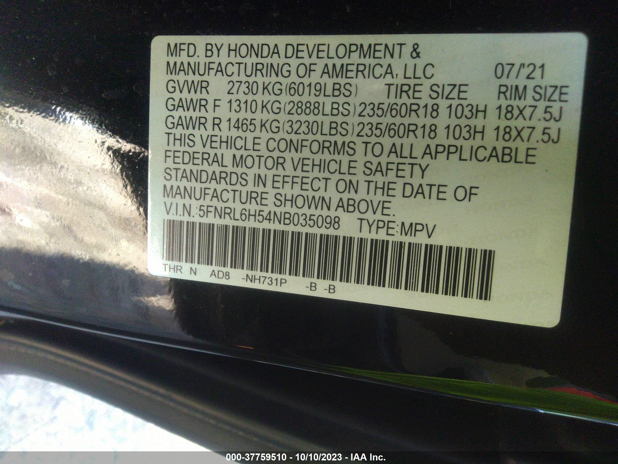 Photo 8 VIN: 5FNRL6H54NB035098 - HONDA ODYSSEY 