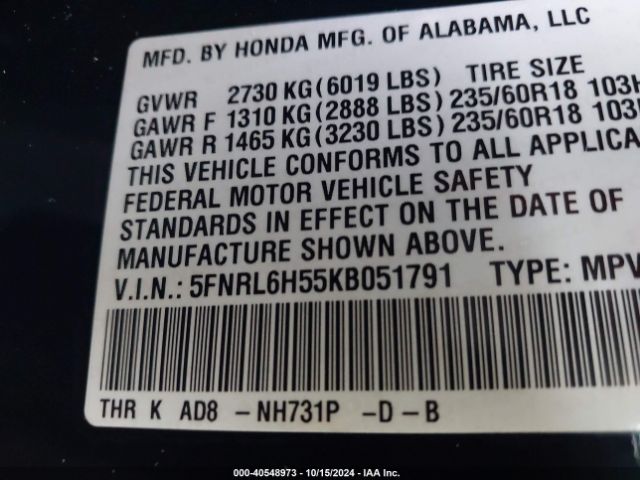 Photo 8 VIN: 5FNRL6H55KB051791 - HONDA ODYSSEY 