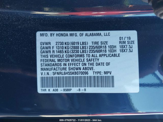 Photo 8 VIN: 5FNRL6H55KB070096 - HONDA ODYSSEY 