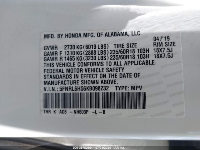 Photo 8 VIN: 5FNRL6H56KB098232 - HONDA ODYSSEY 