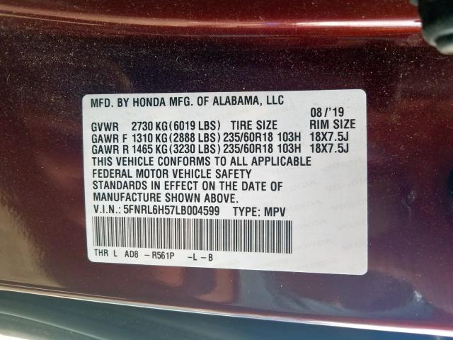 Photo 9 VIN: 5FNRL6H57LB004599 - HONDA ODYSSEY EX 