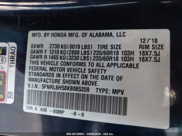 Photo 8 VIN: 5FNRL6H58KB065359 - HONDA ODYSSEY 