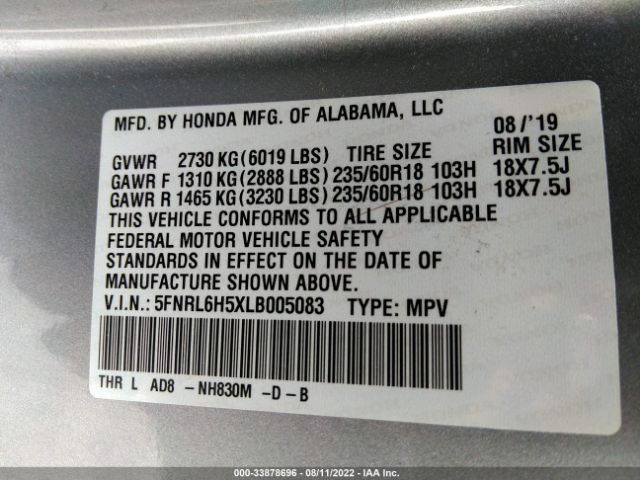 Photo 8 VIN: 5FNRL6H5XLB005083 - HONDA ODYSSEY 