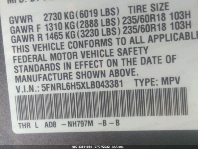 Photo 8 VIN: 5FNRL6H5XLB043381 - HONDA ODYSSEY 