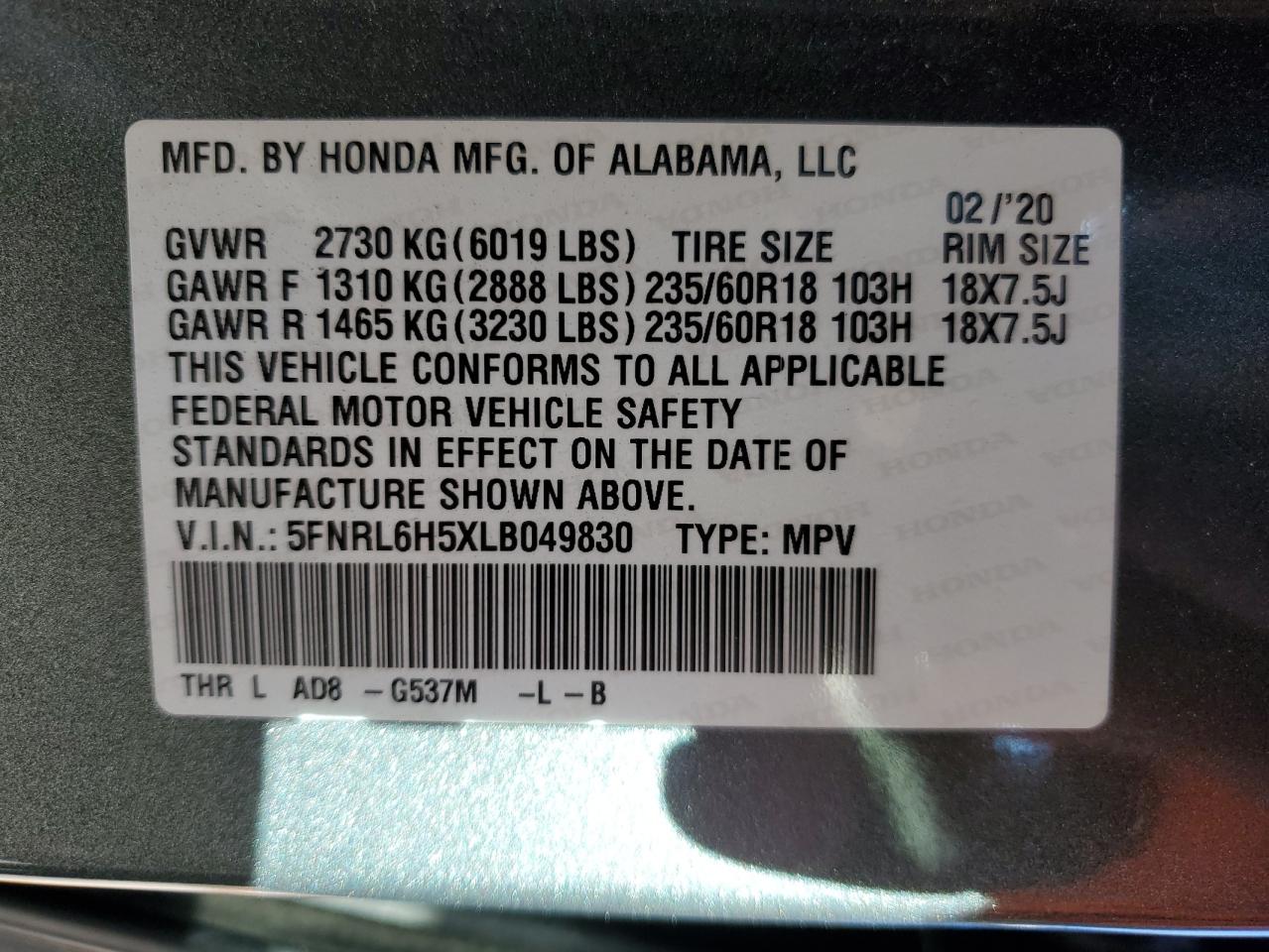 Photo 13 VIN: 5FNRL6H5XLB049830 - HONDA ODYSSEY EX 