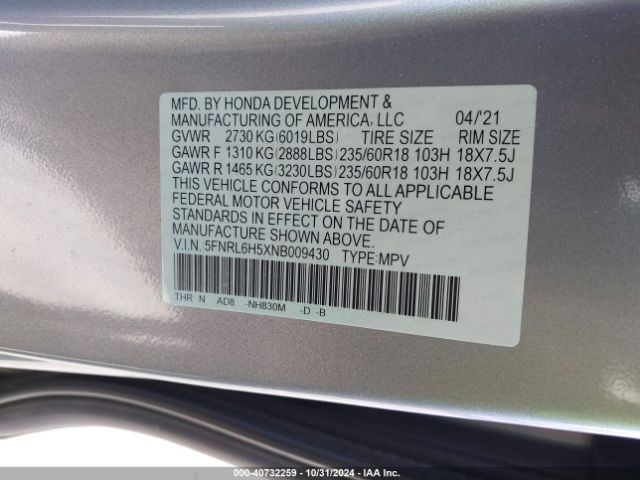 Photo 8 VIN: 5FNRL6H5XNB009430 - HONDA ODYSSEY 