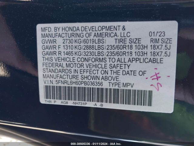 Photo 8 VIN: 5FNRL6H60PB036356 - HONDA ODYSSEY 