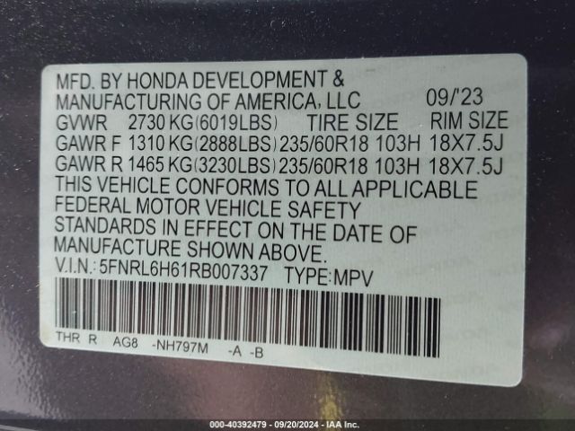 Photo 8 VIN: 5FNRL6H61RB007337 - HONDA ODYSSEY 