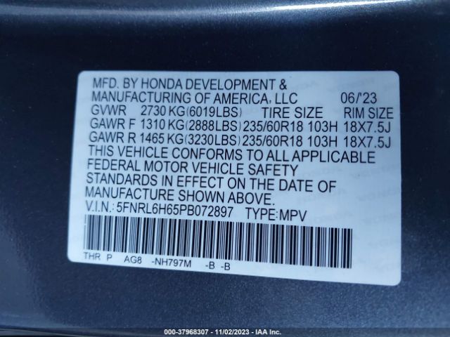 Photo 8 VIN: 5FNRL6H65PB072897 - HONDA ODYSSEY 